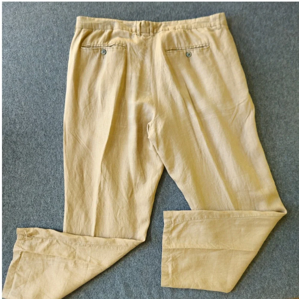 Tasso Elba ISLAND 38x32 Tan 100% Linen Straight Pants Beach Coastal Chic Lounge